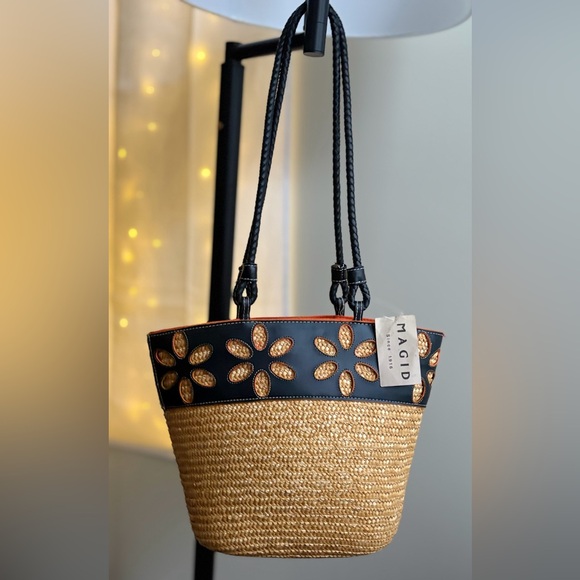 Magid Handbags - Magid Black & Natural Straw Tote with Floral Cutouts